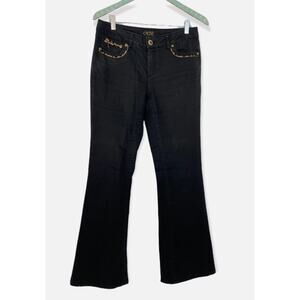 Cache Low Rise Flare Black Jeans Leopard Trim Pocket Detail Y2K Size 8 (33x32)